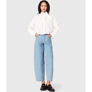Maje Textured Balloon Jeans Size 42 US 10 Blue Sky Jacquard Denim